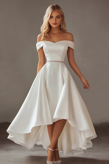 Off The Shoulder Ivory A Line High Low Wedding Dress